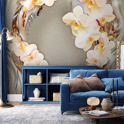 Wall Murals - yellow orchid flowers with pearls on beige background g-art