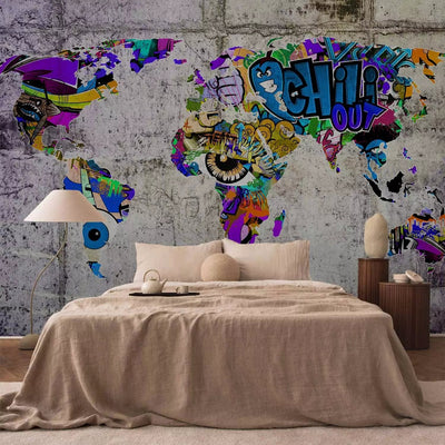 Wall Murals - Graffiti-style world map on grey concrete background G-ART