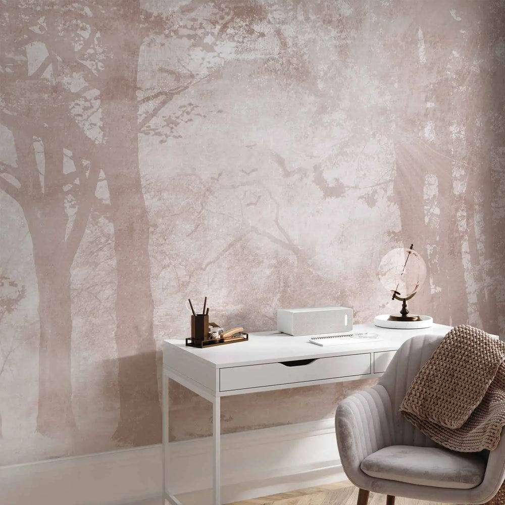 Fototapetes - miglaina ainava ar augstiem kokiem bēsos toņos G-ART