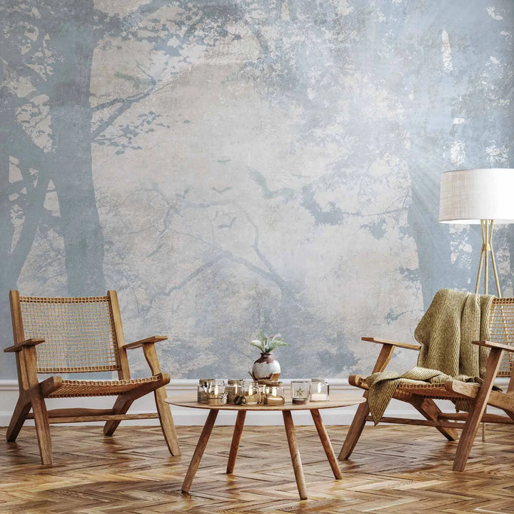 Fototapetes - miglaina ainava ar augstiem kokiem zilos toņos G-ART