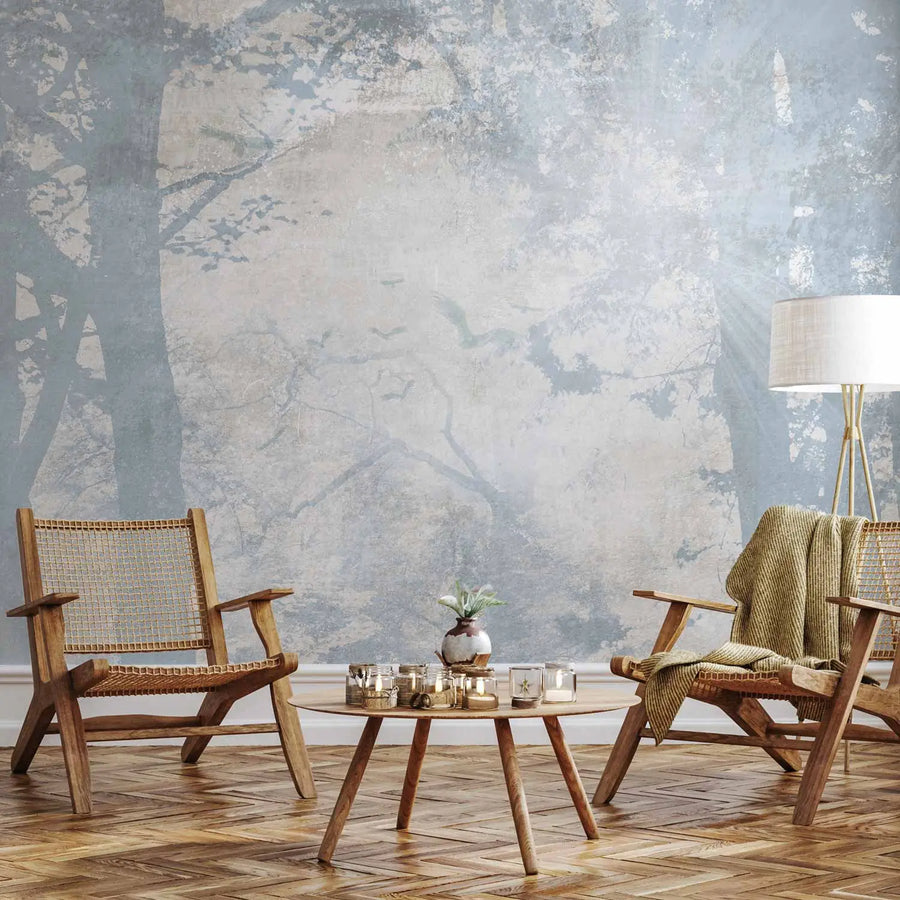 Fototapetes - miglaina ainava ar augstiem kokiem zilos toņos G-ART