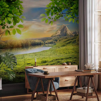 Wall Murals - landscape with trees against mountains and rising sun, 59778 G-ART