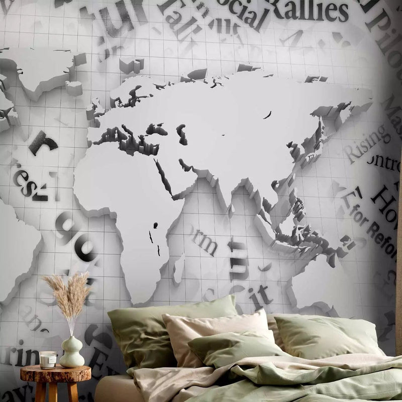 Wall Murals - World map with graphic motif and text, white G-ART