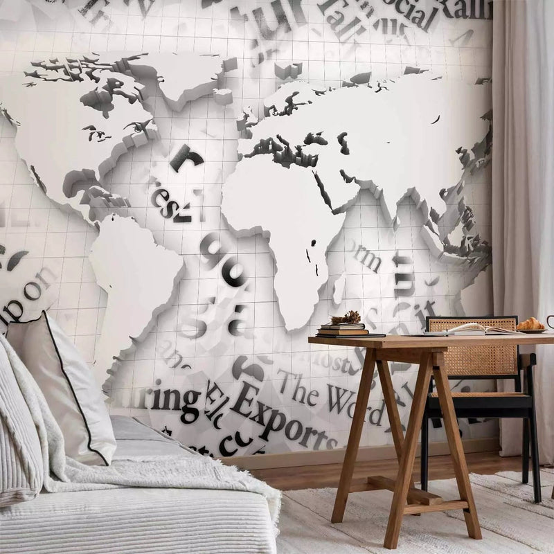 Wall Murals - World map with graphic motif and text, white G-ART