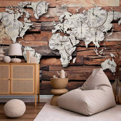 Wall Murals - World map on wood, brown, 63859 - buy at G-ART