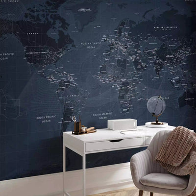 Wall Murals - World map in blue color with inscriptions in English G-ART