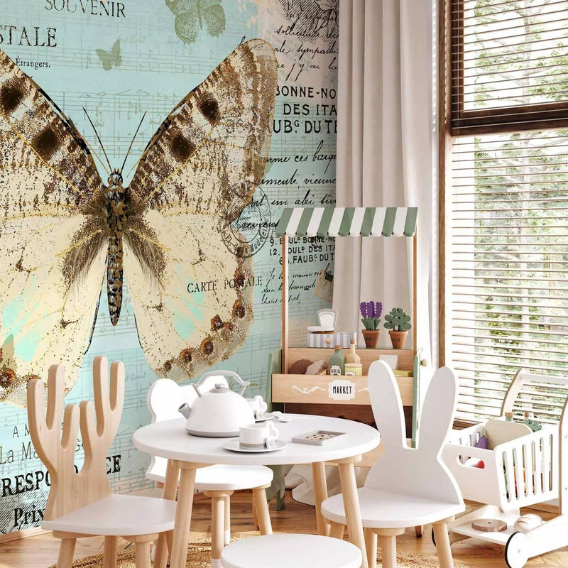 Wall Murals - a butterfly on a blue background with retro inscriptions and notes G-ART