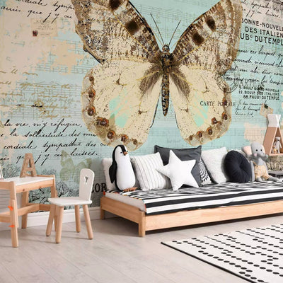 Wall Murals - a butterfly on a blue background with retro inscriptions and notes G-ART