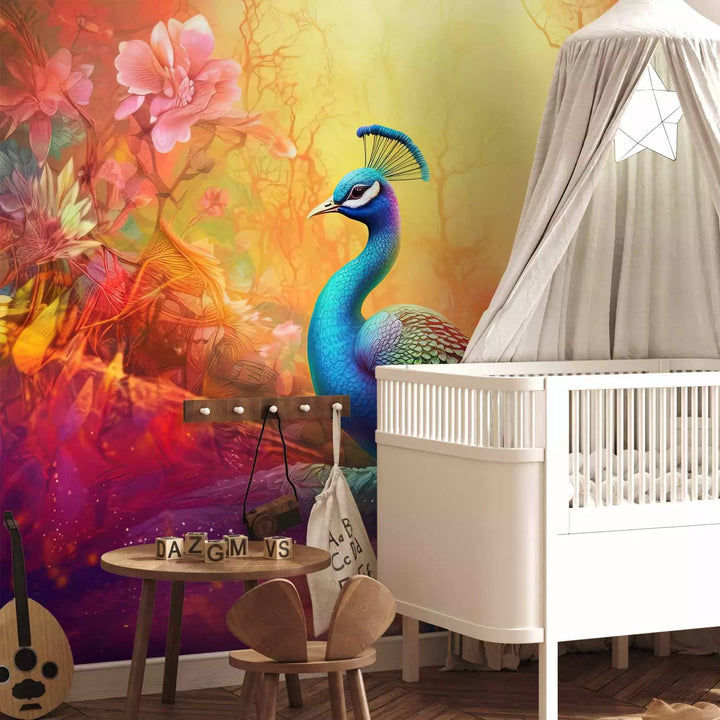 Fototapetes ar putniem - Pāvs uz daudzkrāsaina ziedu fona G-ART