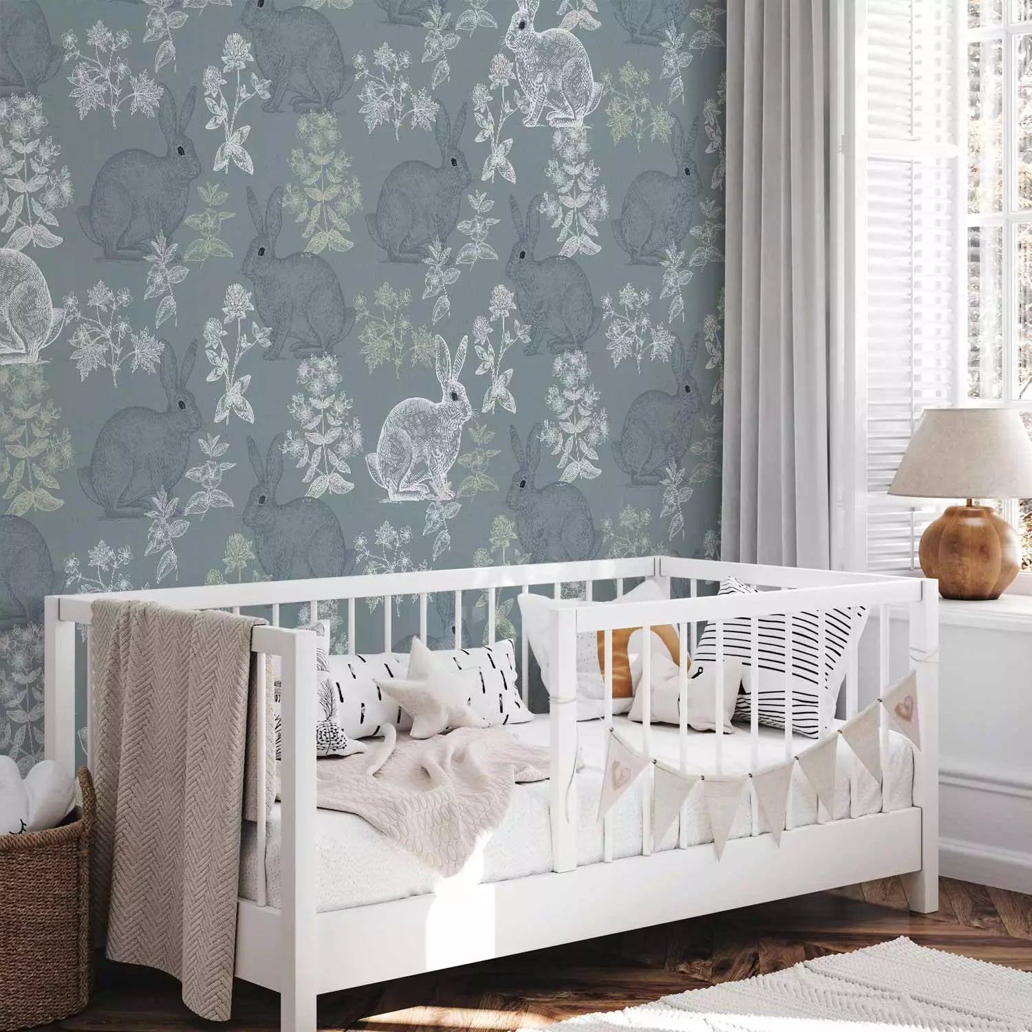 Fototapetes bērniem - Pelēki un balti zaķi uz ziedu fona, 149216 G-ART