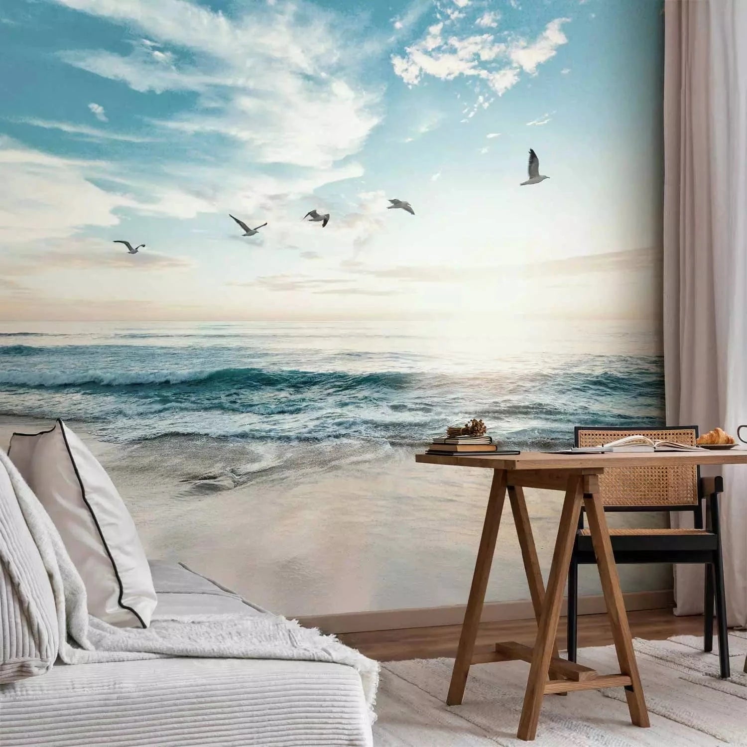 Fototapetes - pludmale – jūras ainava ar viļņiem, putniem un saulrietu G-ART