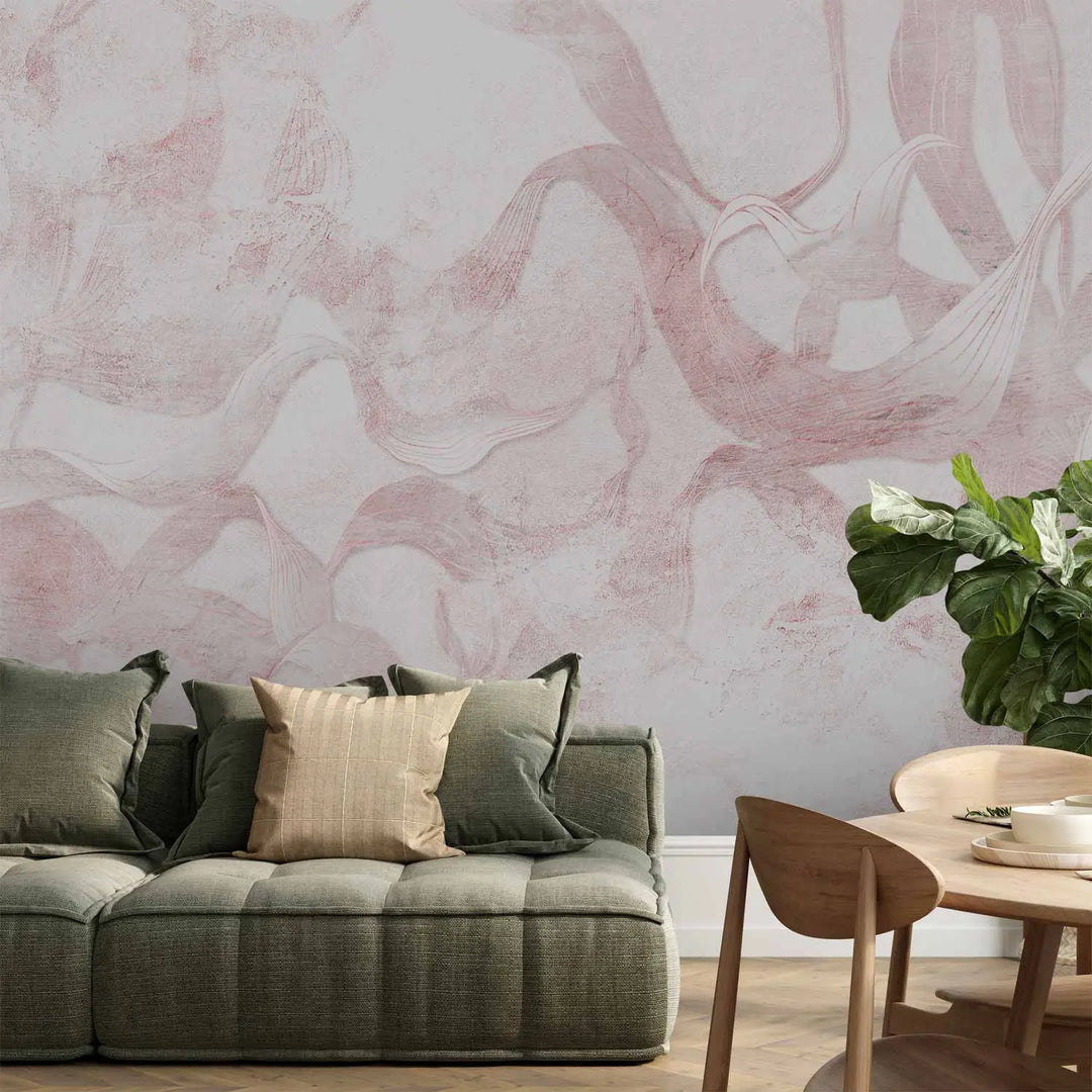 Abstract photo wallpaper with flowing organic lines in soft pink and blush tones - in the living room