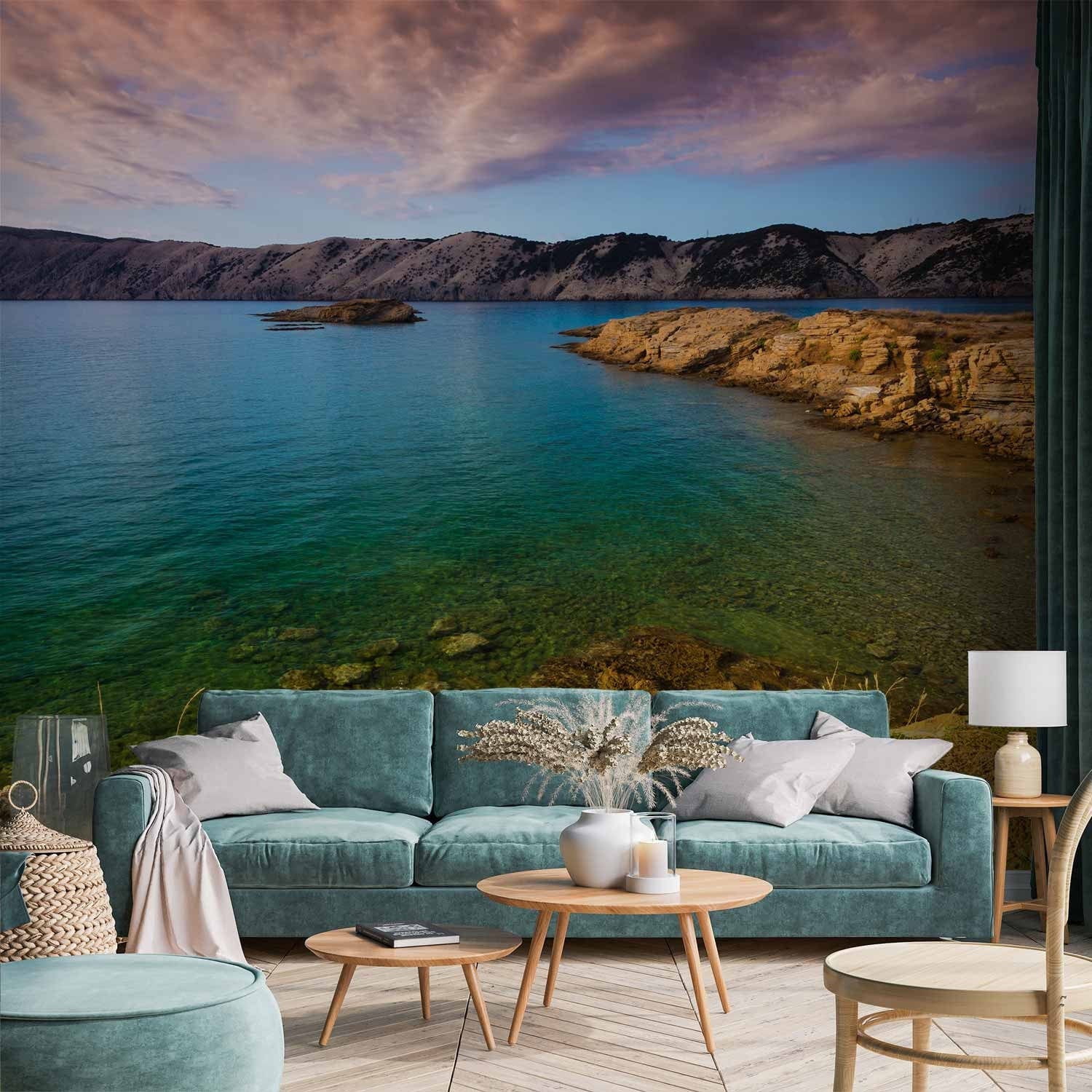 Fototapetes - ainava ar tirkīza jūru un akmeņainu pludmali, 92589  G-ART