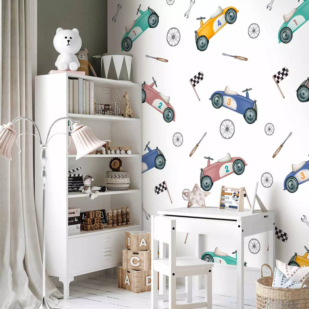 Fototapetes - Retro sacīkšu automašīnas maigās pasteļkrāsāsās G-ART