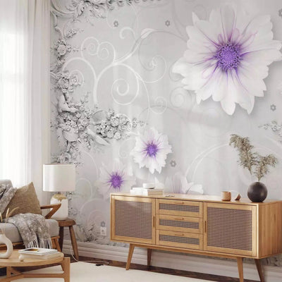 Wall Murals with flowers in white and elements in purple G-ART