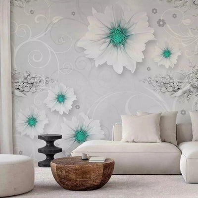 Wall Murals with flowers in white and elements in green G-ART