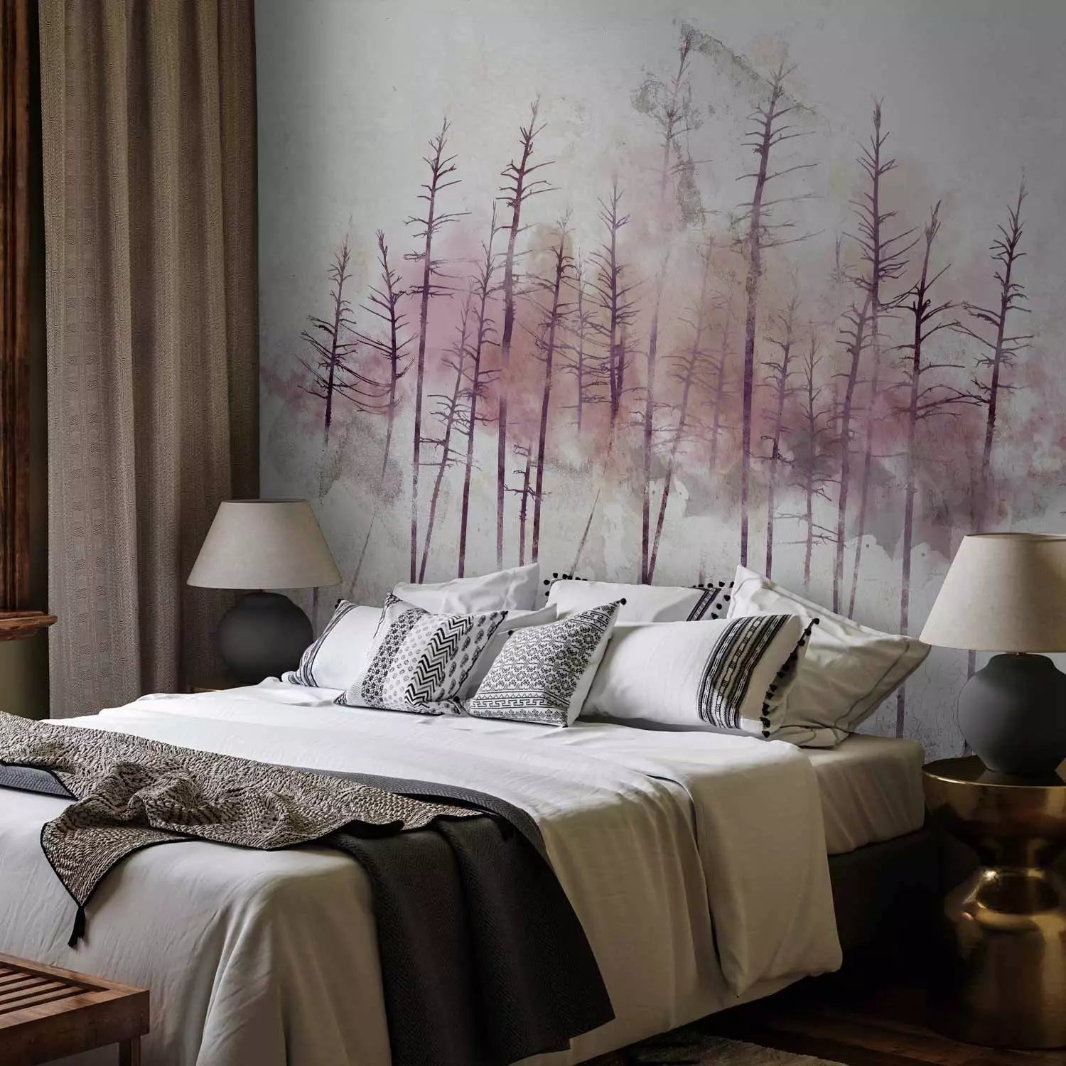 Fototapetes - enerģiska ainava ar rozā kokiem uz pelēka fona - 143784 G-ART