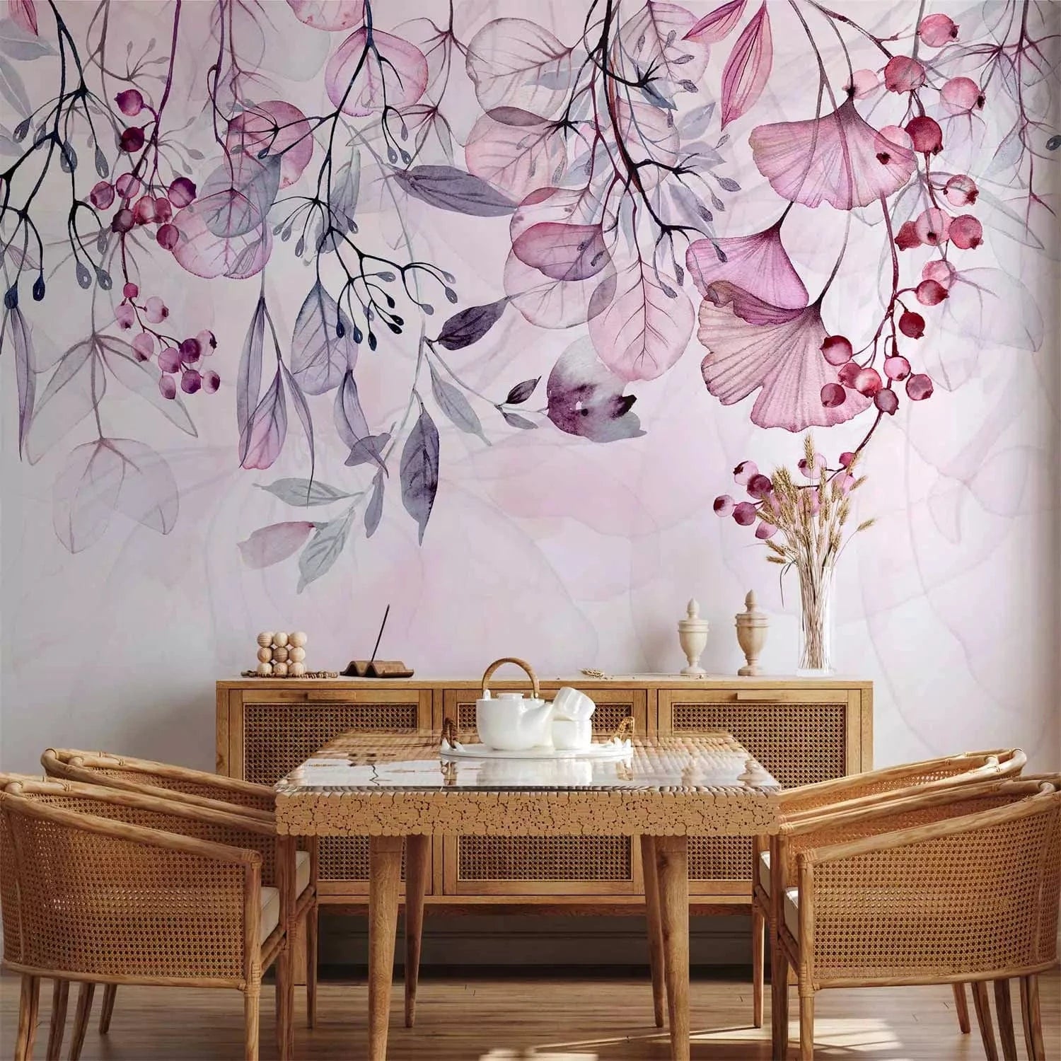 Fototapetes guļamistabai ar ziediem un lapām rozā toņos G-ART