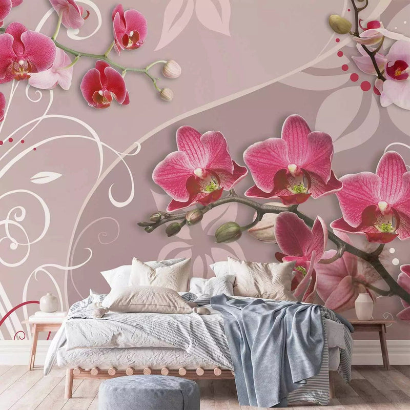 Fototapetai su rožinėmis orchidėjomis ir rožiniais ornamentais, 60300G-ART