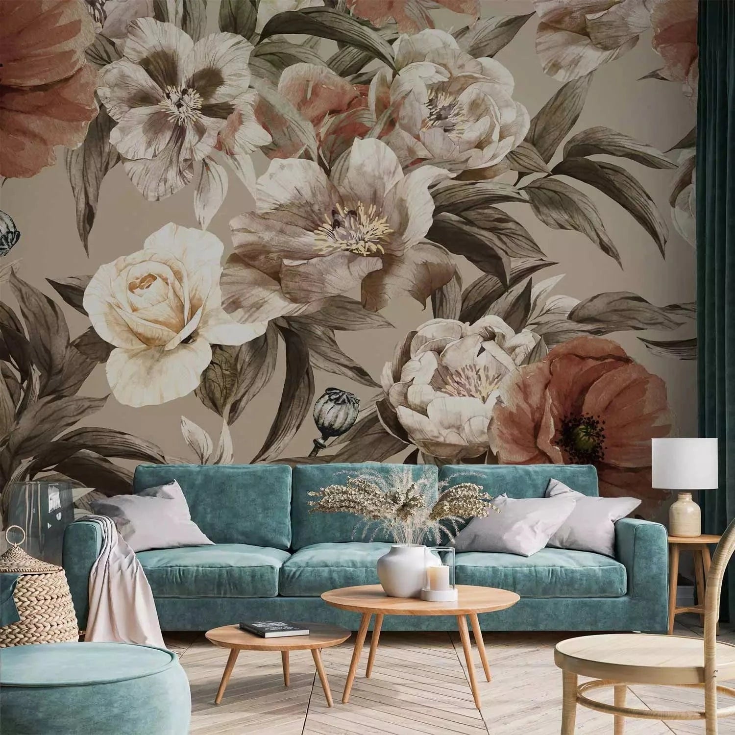 Fototapetes magones un peonijas uz bēša fona #AC9B8B G-ART