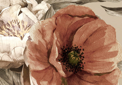 Fototapetes - rozes un peonijas - ziedu motīvs ar lapām vintāžas stilā, 135798 G-ART