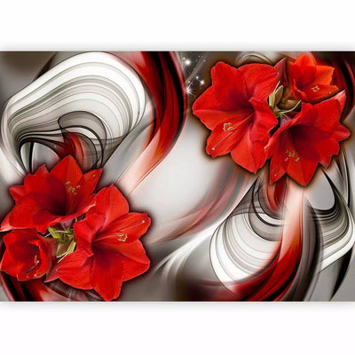 Red amarillis - flowers on the background of abstract with wavy patterns, 64769g -art