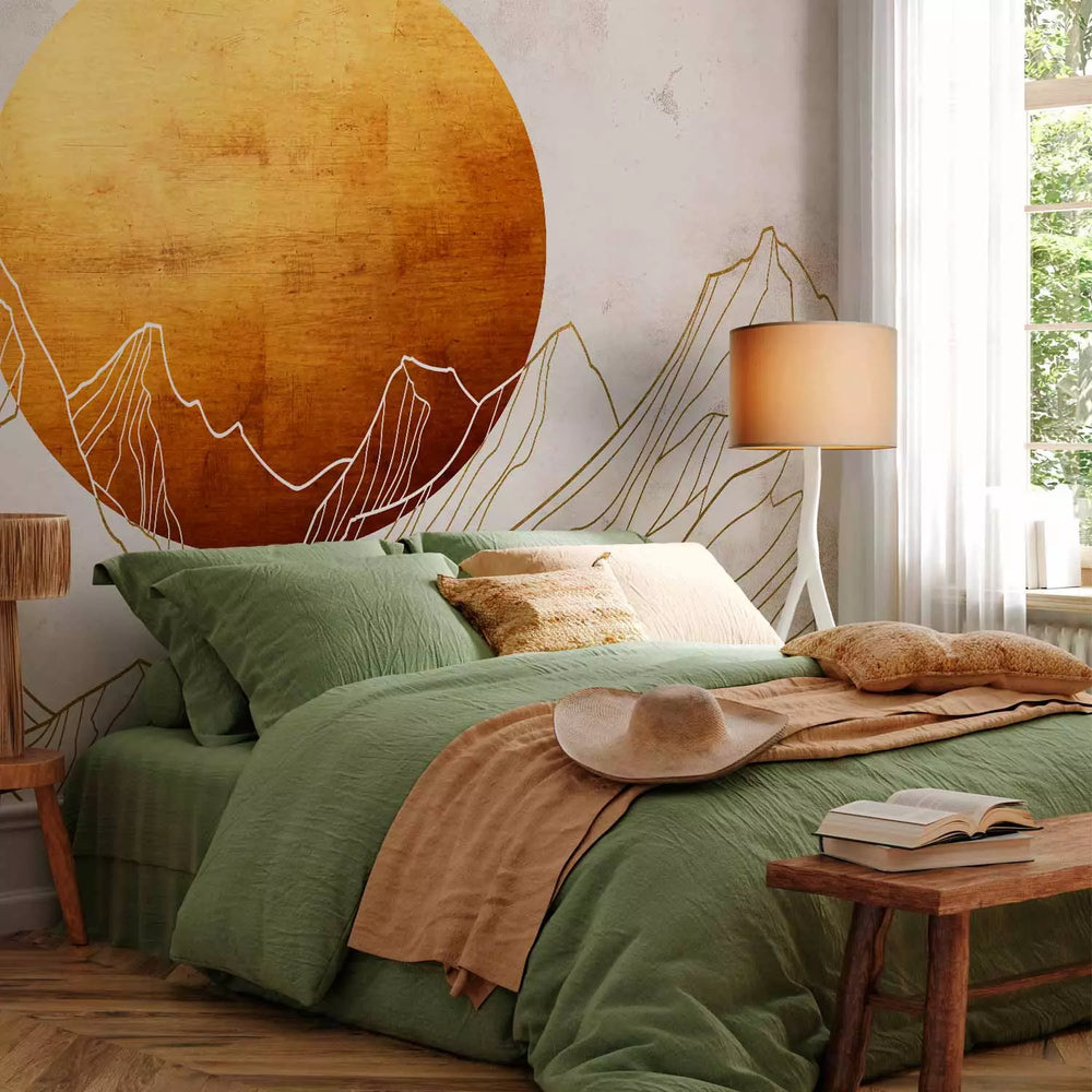 Fototapetes - ainava ar simbolisku saules attēlu un kalnu siluetu G-ART