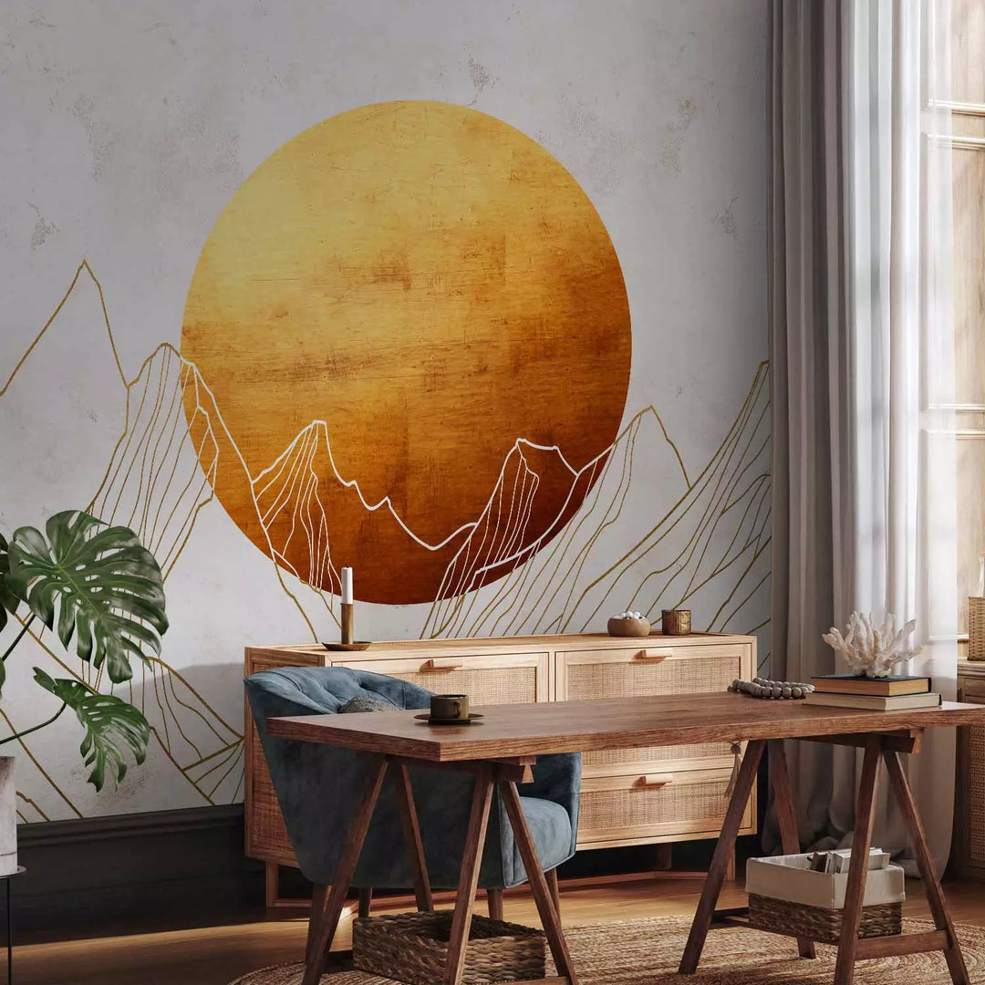 Fototapetes - ainava ar simbolisku saules attēlu un kalnu siluetu G-ART