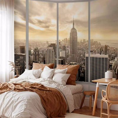 Wall Murals - Wall Murals Overlooking New York from a large window, brown g-art