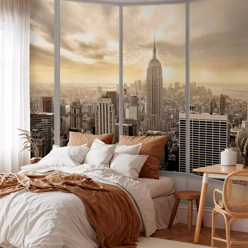 Wall Murals - Wall Murals Overlooking New York from a large window, brown g-art