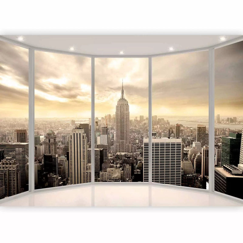 Wall Murals - Wall Murals Overlooking New York from a large window, brown g-art