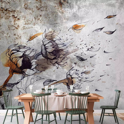 Wall Murals with sunflower in the wind. Gray shades - sunflowers, 60724g -art