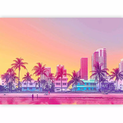 Wall Murals - Sunset on the beach, colourful skyscrapers with palm trees G-ART