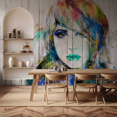 Wall Murals - Women's Portrait - Watercolor in cool shades on white wood g -art