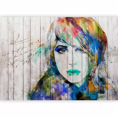 Wall Murals - Women's Portrait - Watercolor in cool shades on white wood g -art