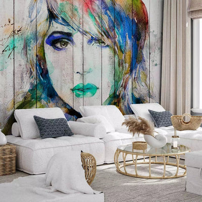 Wall Murals - Women's Portrait - Watercolor in cool shades on white wood g -art