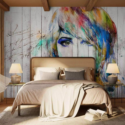 Wall Murals - Women's Portrait - Watercolor in cool shades on white wood g -art