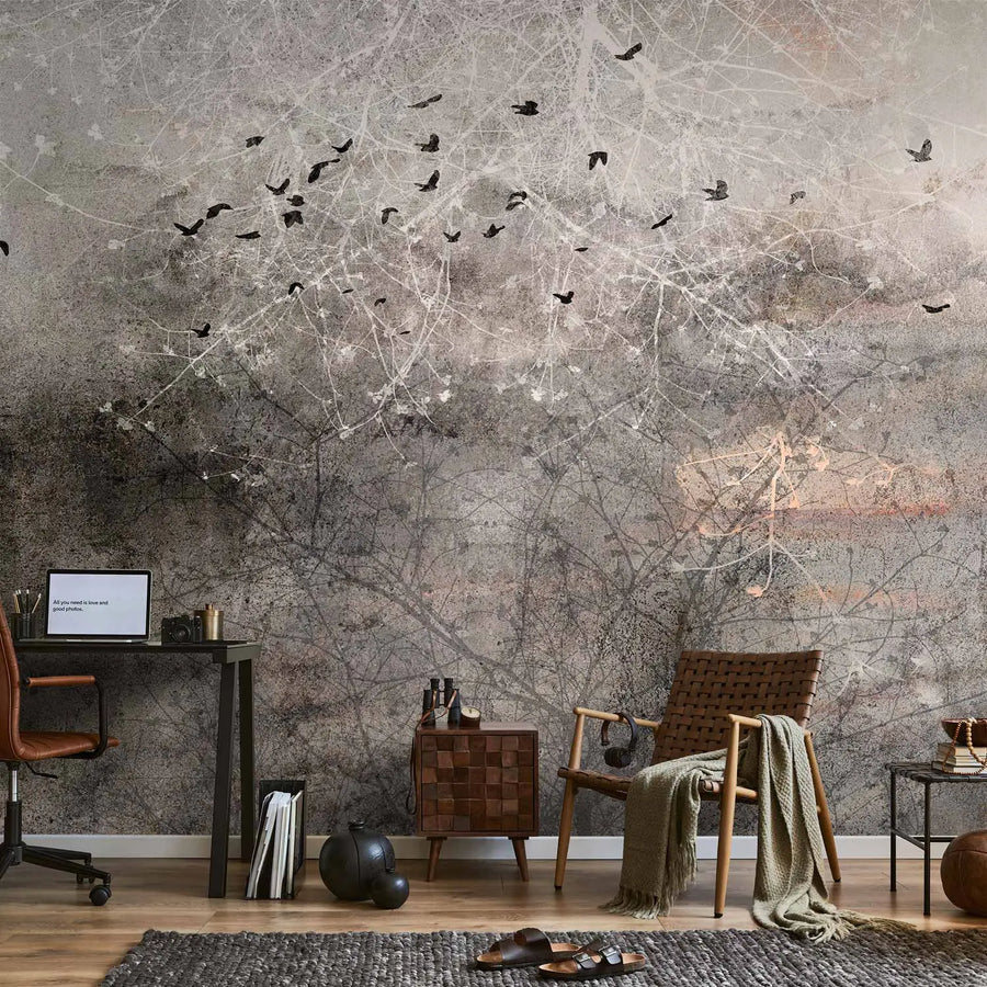 Fototapetes - lidojoši putni pret debesīm un balta lapotne - 148594 G-ART