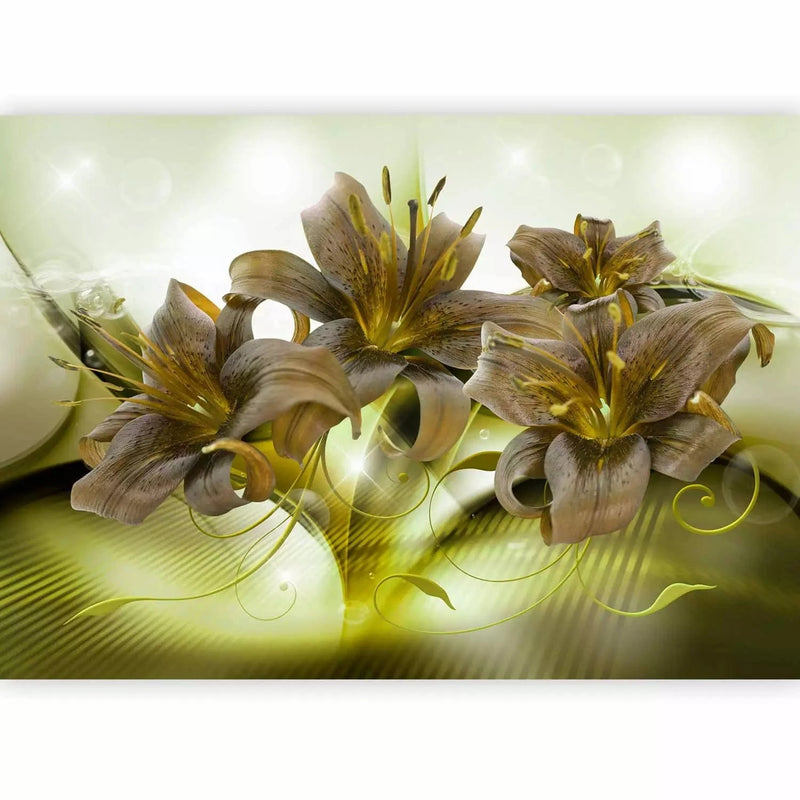 Wall Murals - green abstraction with illuminated background and lilies G-ART