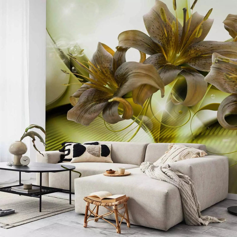 Wall Murals - green abstraction with illuminated background and lilies G-ART