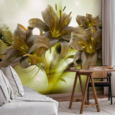 Wall Murals - green abstraction with illuminated background and lilies G-ART