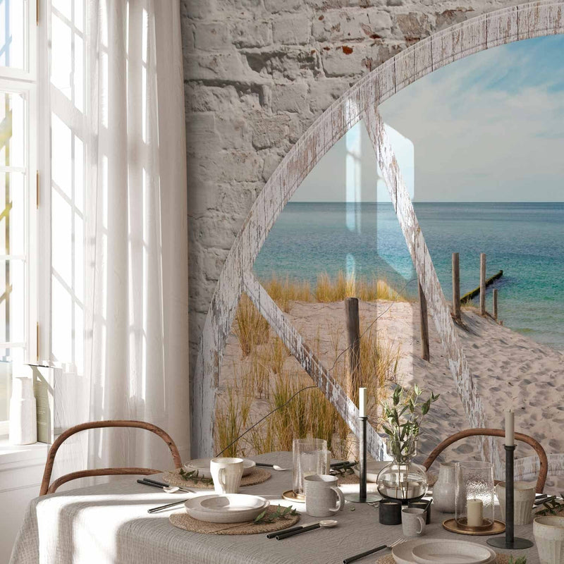 Wall Murals - Window view - landscape with sea and beach with stone arch, 62448 G-ART