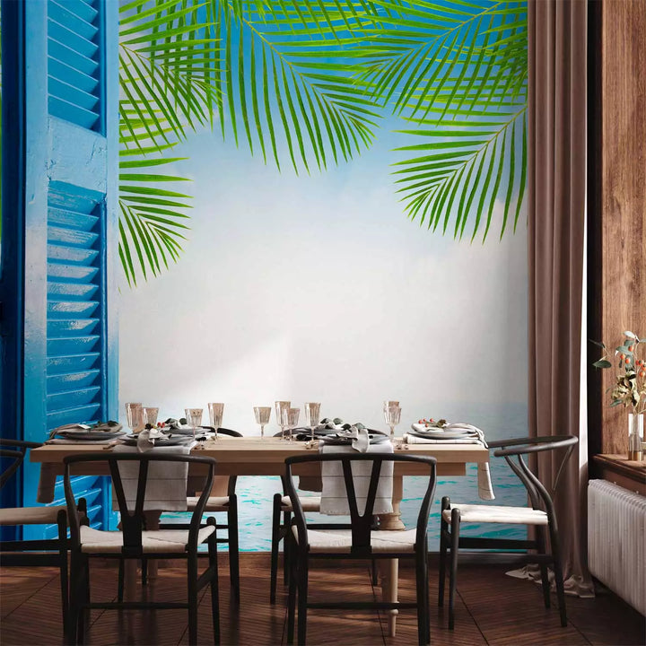 Fototapetes - Skats uz okeānu, atvērti logi ar skatu uz palmām G-ART