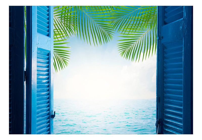 Fototapetes - Skats uz okeānu, atvērti logi ar skatu uz palmām G-ART