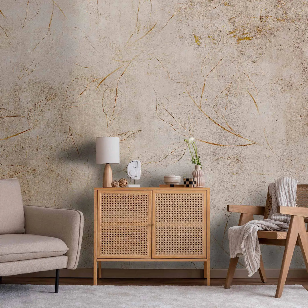 Fototapetes - Smalkas dabas skices – grafika bēšās krāsās ar lapąm G-ART