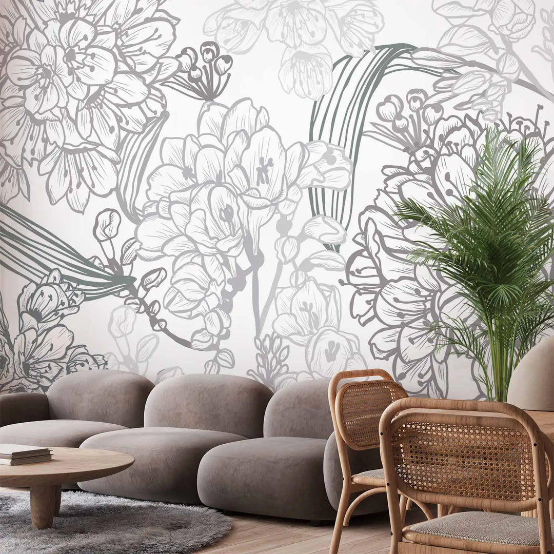 Fototapetes - botāniskais motīvs ar smalkiem ziediem, pelekā, baltā G-ART