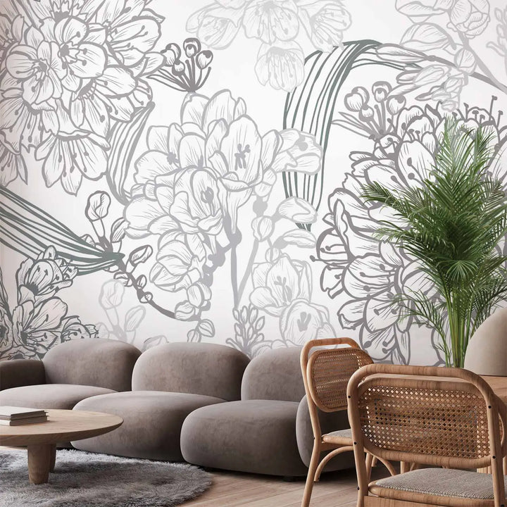 Fototapetes - botāniskais motīvs ar smalkiem ziediem, pelekā, baltā G-ART