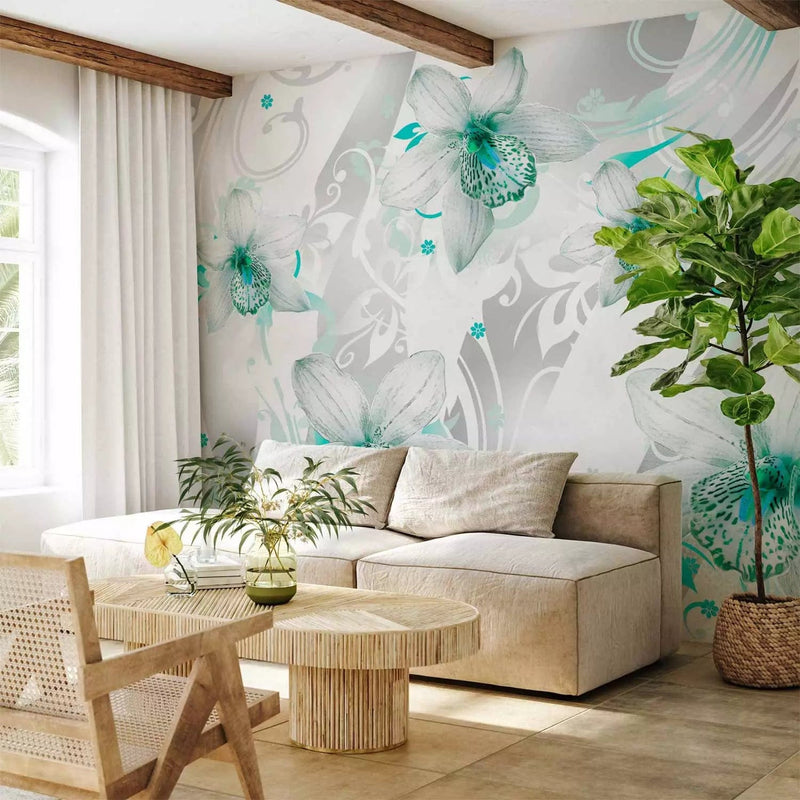 Unusual Wall Murals with turquoise orchids and ornaments, 60455g-art