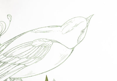 Fototapetes - Spilgtas puķes, zaļas lapas ar zīmētiem putniem, 148836 G-ART