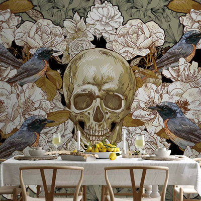 Fototapetes, fantāzijas motīvs ar putniem un galvaskausu uz ziedu fona G-ART